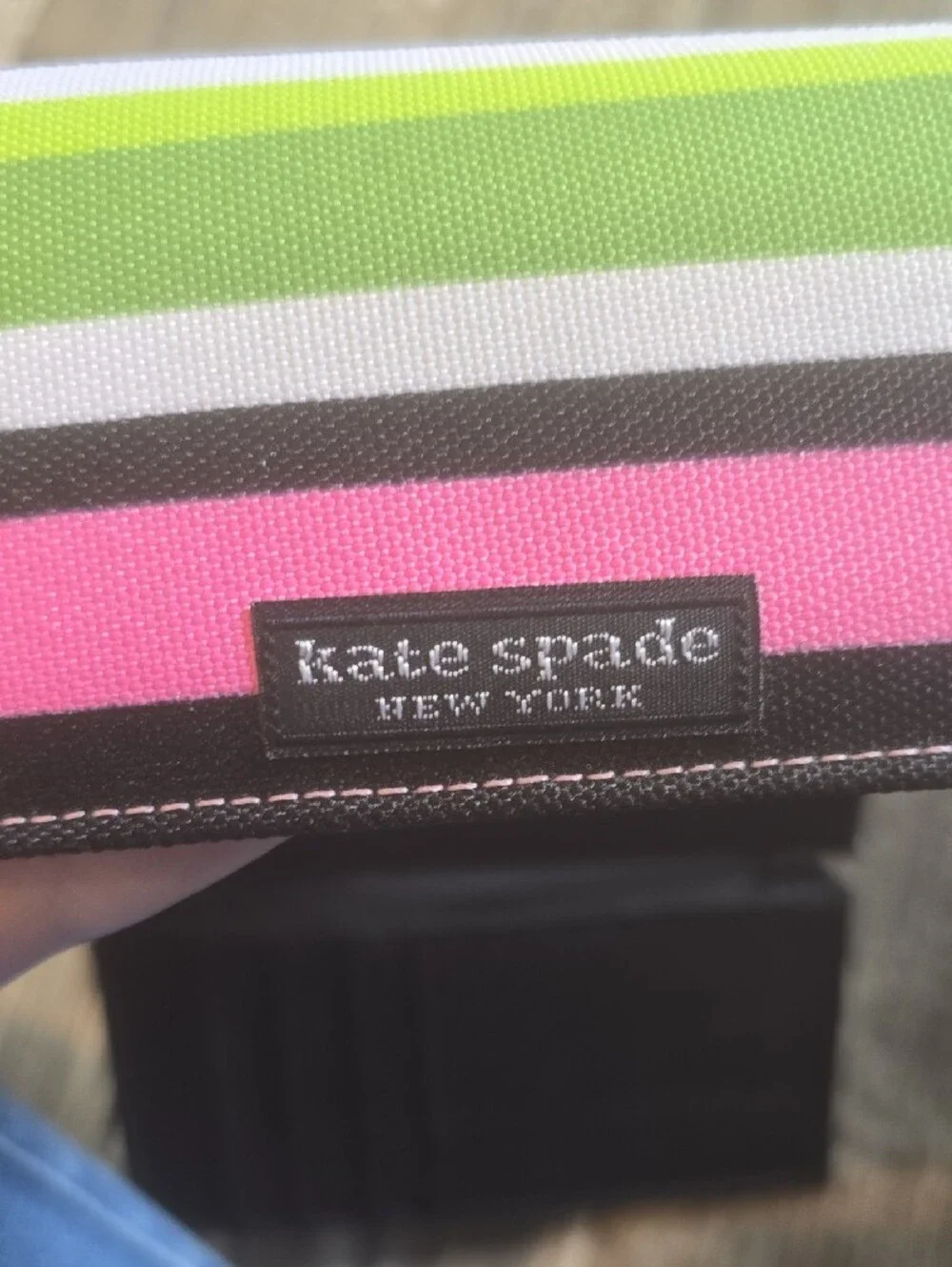 kate spade striped trifold wallet in lime green, hot pink, black, white, blue